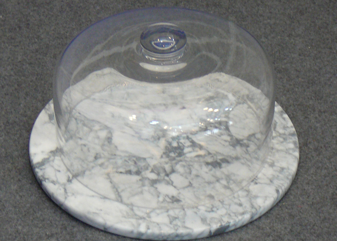 Στρογγυλή μαρμάρινη στάση κέικ με το θόλο, μαρμάρινο πιάτο κέικ γυαλιού διαφανές